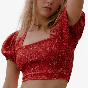 Band of the Free Joelle Smocked Floral Crop Top Red Puff Sleeve Boho XS NWT
